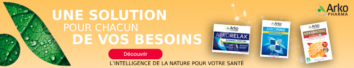 Banni&egrave;re orange avec grande feuille verte couverte de gouttes. Texte blanc &laquo; UNE SOLUTION POUR CHACUN DE VOS BESOINS &raquo;. Deux bo&icirc;tes de produits Arkopharma : Arkorelax Sommeil et Arkoroyal Gel&eacute;e royale. En bas, slogan &laquo; L&rsquo;INTELLIGENCE DE LA NATURE POUR VOTRE SANT&Eacute; &raquo;. Logo Arkopharma en haut &agrave; droite et bouton rouge &laquo; D&eacute;couvrir &raquo;.