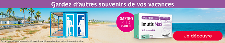 Bannière Imutis Max Gastro Protect sur une plage ensoleillée. Deux cabines de toilettes bleues symbolisent le confort digestif en vacances. À droite, une boîte d’Imutis Max (« selles normales », 60 gélules) avec bouton « Je découvre ». Slogan : « Gardez d’autres souvenirs de vos vacances ». Complément alimentaire Trenker à base de boswellia, vitamine D3 et 6 souches microbiotiques.