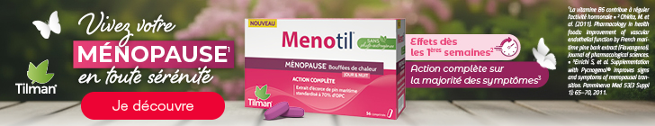 Bannière Menotil de Tilman représentant des papillons. Au centre, une boîte : « Menotil ménopause bouffées de chaleur ». À gauche de la boîte, on peut lire : « Vivez votre ménopause¹ en toute sérénité ». À gauche de cette inscription se trouve un bouton rouge avec le texte : « Je découvre ».