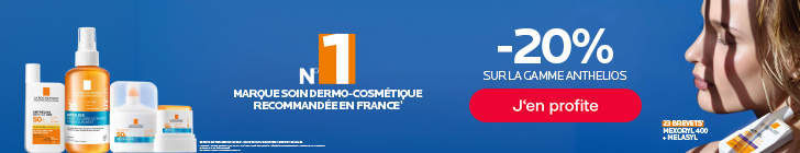 Banni&egrave;re sur fond bleu montrant plusieurs produits solaires La Roche-Posay Anthelios. Au centre figure un grand &laquo; N&deg;1 &raquo; avec le texte &laquo; MARQUE SOIN DERMO-COSM&Eacute;TIQUE RECOMMAND&Eacute;E EN FRANCE&sup1; &raquo;. Le message indique &laquo; FAITES CONFIANCE &Agrave; ANTHELIOS, HAUTE PROTECTION SOLAIRE SENSORIELLE &amp; IMPERCEPTIBLE. &raquo;. &Agrave; droite, une femme est &eacute;clair&eacute;e par des bandes d&rsquo;ombre et de lumi&egrave;re.
