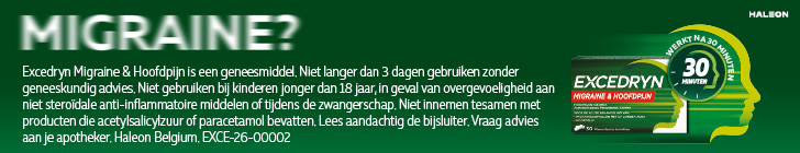 Groene banner met wazige kop "MIGRAINE?" linksboven. Tekst waarschuwt dat Excedryn Migraine & Hoofdpijn een geneesmiddel is en niet langer dan 3 dagen zonder medisch advies mag worden gebruikt. Rechts staat een verpakking Excedryn Migraine & Hoofdpijn naast een groen profiel met badge "Werkt na 30 minuten". Logo Haleon rechtsboven.