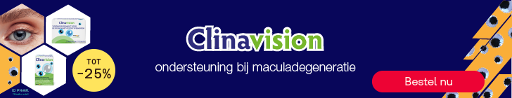 Banner met donkerblauwe achtergrond. Hexagonen tonen een close-up van een oog en twee verpakkingen van Clinavision. Gele cirkel met "TOT -25%". Centraal staat het logo "Clinavision" met de tekst "ondersteuning bij maculadegeneratie". Rode knop met "Bestel nu".