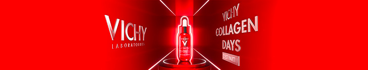 Visuel Vichy sur fond rouge lumineux. Au centre, un flacon compte-gouttes rouge &laquo; Vichy Liftactiv Collagen Specialist 16 Bonding Serum &raquo; pos&eacute; sur un socle &eacute;clair&eacute;. &Agrave; gauche figure le logo &laquo; VICHY LABORATOIRES &raquo;. &Agrave; droite, le texte &laquo; VICHY COLLAGEN DAYS C&rsquo;EST PARTI ! &raquo;. Des lignes lumineuses convergent vers le produit.