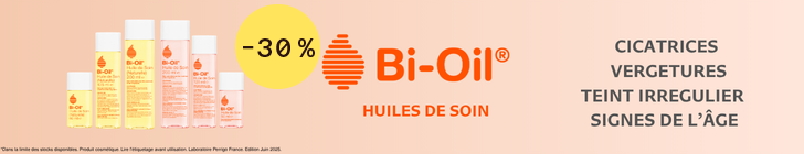 Fond beige clair. À gauche sont alignés plusieurs flacons de produits Bi-Oil de différentes tailles. Au centre figurent le logo et le nom « Bi-Oil® » avec la mention « HUILES DE SOIN ». À droite, une liste indique « CICATRICES », « VERGETURES », « TEINT IRRÉGULIER » et « SIGNES DE L’ÂGE ». Les emballages portent la marque Bi-Oil et la mention « Huile de Soin »