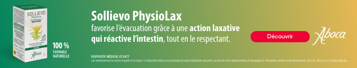 À gauche, le texte indique « Libérez-vous de la constipation avec Sollievo. ». À droite, une boîte de « Sollievo Physiolax » est montrée avec le texte « Sollievo Physiolax favorise l’évacuation grâce à une action laxative qui réactive l’intestin, tout en le respectant. ».
