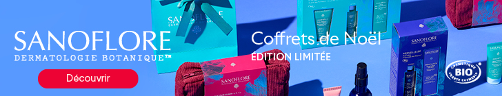 Banni&egrave;re bleue de la marque SANOFLORE avec le texte &laquo; Coffrets de No&euml;l &raquo; et &laquo; &Eacute;dition limit&eacute;e &raquo;. Bouton rouge &laquo; D&eacute;couvrir &raquo;. Plusieurs coffrets cadeaux Sanoflore pr&eacute;sent&eacute;s avec produits de soins et trousses, dont les gammes Magnifica et Merveilleuse. Logo rond &laquo; Cosm&eacute;tique Bio &raquo; en bas &agrave; droite.