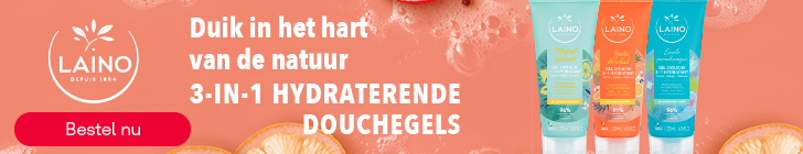 Banner met een roze achtergrond met schuim, citrusvruchten en granaatappel. Links staat het logo "LAINO DEPUIS 1954". In het midden staat de tekst "Duik in het hart van de natuur 3-IN-1 HYDRATERENDE DOUCHEGELS". Rechts staan drie tubes Laino douchegel in verschillende varianten. Onderaan een rode knop "Bestel nu".