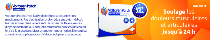 Boîte de Voltaren Patch Once Daily 140 mg avec le logo Voltaren Patch en haut à gauche et Haleon en haut à droite. Sur le fond orange figure un badge rond avec « jusqu’à 24h ». À droite apparaît le texte « Soulage les douleurs musculaires et articulaires jusqu’à 24 h ». La boîte montre des pictogrammes indiquant une action pendant 24 heures et une utilisation quotidienne.