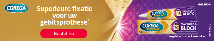 Advertentie voor Corega met gouden en paarse achtergrond. Links het logo van Corega met daaronder de tekst: "Superieure fixatie voor uw gebitsprothese*" met daaronder een rode knop "bestel nu". Rechtsbovenaan het logo van Haleon met daaronder een verpakking en tube van Corega max hold+ block. Onderaan de kleine tekst: "*vergeleken zonder kleefmiddel".