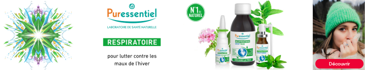 Bannière Puressentiel "Laboratoire de santé naturelle". Titre vert "Respiratoire" avec texte "pour lutter contre les maux de l’hiver". Trois produits sont montrés : un spray nasal, un sirop "Respiratoire Sirop Toux Soulage la toux", et un spray gorge. Badge vert "N°1 du naturel". À droite, une femme en bonnet vert touche son nez. Bouton vert "J’en profite !".