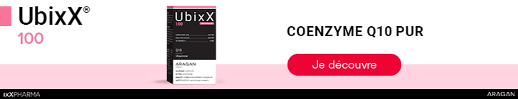 Publicit&eacute; pour UbixX 100 avec un fond blanc et rose. En haut &agrave; gauche, le logo UbixX 100. Au centre, une bo&icirc;te UbixX 100 avec &agrave; c&ocirc;t&eacute; le texte : &laquo; Coenzyme Q10 pur &raquo; et en dessous un bouton rouge &laquo; Je d&eacute;couvre &raquo;. En bas, une bande noire avec le logo ixXPharma &agrave; gauche et le logo Aragan &agrave; droite.