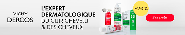 Fond blanc avec le logo &laquo; VICHY LABORATOIRES &raquo; et le nom &laquo; DERCOS &raquo;. Le texte principal indique &laquo; L&rsquo;EXPERT DERMATOLOGIQUE DU CUIR CHEVELU &amp; DES CHEVEUX &raquo;. Au centre sont pr&eacute;sent&eacute;s plusieurs produits Vichy Dercos, dont un s&eacute;rum capillaire rouge, un shampooing antipelliculaire DS avec pompe, une recharge verte et un shampooing stimulant Energy+. &Agrave; droite, un bouton rouge affiche &laquo; J&rsquo;en profite &raquo;