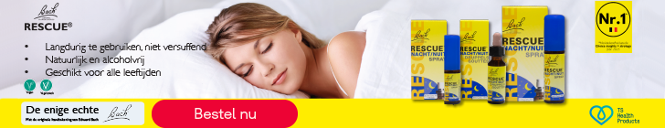 Advertentie voor Bach Rescue nacht met op de achtergrond een foto van een vrouw die slaapt. Links de tekst: "Langdurig te gebruiken - Natuurlijk en alcoholvrij - Geschikt voor alle leeftijden". Rechts 3 verschillende producten van Bach Rescue Nacht. Onderaan een gele balk met het logo en handtekening van Edward Bach, een rode knop "bestel nu" en het logo van TS Health Products.