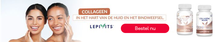 Banner met links twee vrouwen die glimlachen en hun gezicht aanraken. Rechts staat het logo "LEPIVITS" met een rode knop "Bestel nu". Onderaan links staat "COLLAGEEN" en "IN HET HART VAN DE HUID EN HET BINDWEEFSEL." Rechts staan twee potten "LEPIVITS collavits" en "COLLAGÈNE MARIN".