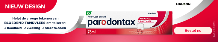 Reclamebanner van Parodontax met een wit-rode achtergrond. Linksboven staat &ldquo;nieuw design&rdquo; met daaronder een wit-rode verpakking van Parodontax van 75 ml. In het midden onderaan staat &ldquo;Helpt vroege tekenen van BLOEDEND TANDVLEES om te keren: roodheid &ndash; zwelling &ndash; slechte adem&rdquo;. Rechtsboven staat het logo van Haleon en in het midden een roze knop &ldquo;bestel nu&rdquo;.