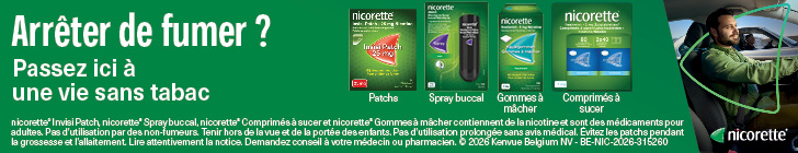 Bannière verte avec à gauche le texte "Arrêter de fumer ? Passez ici à une vie sans tabac". Au centre figurent des produits Nicorette : patchs "Invisi Patch 25 mg", spray buccal, gommes à mâcher et comprimés à sucer. À droite, un homme est assis détendu au volant d’une voiture. En bas apparaît un long texte légal sur l’usage de la nicotine, avec le logo "nicorette".