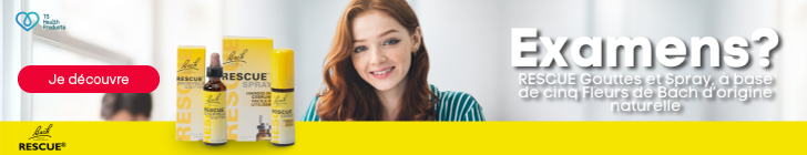 Banni&egrave;re avec produits Rescue aux fleurs de Bach (gouttes et spray) en emballage jaune. &Agrave; droite, une femme souriante. Texte : &laquo; Examens ? Rescue Gouttes et Spray &agrave; base de cinq Fleurs de Bach d&rsquo;origine naturelle &raquo;. En bas, bande jaune avec logo Rescue et bouton rouge &laquo; Je d&eacute;couvre &raquo;.