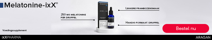 Banner met links de tekst "Melatonine-ixX®". In het midden staat een doos en pipetfles "Melatonine-ixX" met "ARAGAN". Links staat "250 MG MELATONINE PER DRUPPEL". Rechts staan "LEKKERE FRAMBOZENSMAAK" en "HANDIG FORMAAT: DRUPPEL". Onderaan staat "Voedingssupplement" en links "IXXPHARMA", rechts een rode knop "Bestel nu".