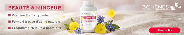 Bannière sur fond clair avec un flacon « 3 CHÊNES Onagre Vitamine E 180 capsules ». En haut à droite figure le logo « 3 CHÊNES Laboratoires ». À gauche, le titre « BEAUTÉ & MINCEUR » suivi des mentions « Vitamine E antioxydante », « Formulé à base d’actifs naturels » et « Programme 75 jours à petits prix ».