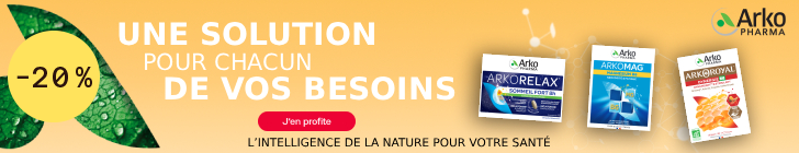 Fond orangé avec une grande feuille verte à gauche. Le texte indique « UNE SOLUTION POUR CHACUN DE VOS BESOINS ». Un bouton rouge affiche « J’en profite ». À droite, deux produits ArkoPharma : ArkoRelax Sommeil Stress et ArkoRoyal Gelée Royale. Le logo ArkoPharma figure en haut à droite.