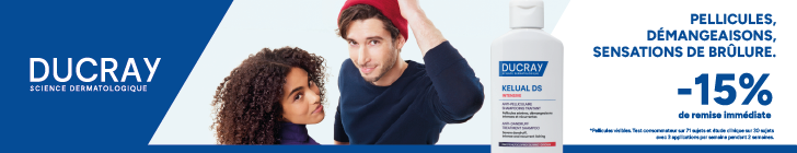 Bandeau avec logo &laquo; DUCRAY SCIENCE DERMATOLOGIQUE &raquo; sur fond bleu. &Agrave; gauche, un homme avec bandeau rouge et une femme aux cheveux boucl&eacute;s regardent vers l&rsquo;avant. Au centre, un flacon &laquo; KELUAL DS SHAMPOOING TRAITANT &raquo;. &Agrave; droite, le texte &laquo; PELLICULES, D&Eacute;MANGEAISONS, SENSATIONS DE BR&Ucirc;LURE. &raquo; et &laquo; -15% de remise imm&eacute;diate &raquo;