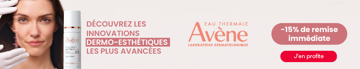 &Agrave; gauche, portrait d&rsquo;une femme avec des mains gant&eacute;es blanches pr&egrave;s de son visage. Au centre, un flacon Eau Thermale Av&egrave;ne Hyaluron Activ B3 0,1% Retinal avec la mention Soin lifting. En haut &agrave; droite, logo Eau Thermale Av&egrave;ne Laboratoire Dermatologique. Un bandeau indique -15% de remise imm&eacute;diate. En bas, le texte D&eacute;couvrez les innovations dermo-esth&eacute;tiques les plus avanc&eacute;es. Fond beige ros&eacute;.