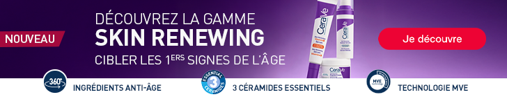 Le texte principal indique &laquo; D&Eacute;COUVREZ LA GAMME SKIN RENEWING &raquo; et le sous-titre &laquo; CIBLER LES 1ERS SIGNES DE L&rsquo;&Acirc;GE &raquo;. Un bouton affiche &laquo; Je d&eacute;couvre &raquo;. &Agrave; droite, deux produits CeraVe Skin Renewing sont visibles. En bas apparaissent des pictogrammes avec &laquo; INGR&Eacute;DIENTS ANTI-&Acirc;GE &raquo;, &laquo; 3 C&Eacute;RAMIDES ESSENTIELS &raquo; et &laquo; TECHNOLOGIE MVE &raquo;.