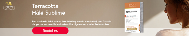 Banner met links het logo "BIOCYTE Laboratoire" en de titel "Terracotta Hâlé Sublimé". Daaronder staat "Een stralende teint zonder blootstelling aan de zon dankzij een formule die geconcentreerd is in 4 natuurlijke pigmenten, zonder bètacaroteen". Rechts staat een doos "BIOCYTE TERRACOTTA HÂLÉ SUBLIMÉ" en een vrouw met gebruinde schouder. Onderaan een rode knop "Bestel nu".