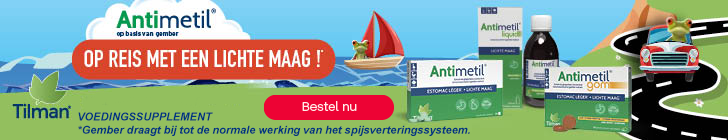 Banner met links het Antimetil-logo en "op basis van gember". Bovenaan: "OP REIS MET EEN LICHTE MAAG!" met pictogrammen voor auto, vliegtuig en boot. Verder: "Geen slaperigheid" en "30 min v&oacute;&oacute;r vertrek". Rechts: Antimetil, Liquid en Gom naast een weg met auto en kikker. Onderaan: Tilman-logo, "VOEDINGSSUPPLEMENT" en knop "Bestel nu".