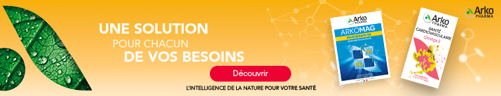 Deux compl&eacute;ments alimentaires Arkopharma sur fond orange : Arkomag et Nat CardioM&eacute;galux. &Agrave; gauche, deux feuilles vertes avec gouttes d&rsquo;eau. Texte en haut : &laquo; Une solution pour chacun de vos besoins &raquo;. Logo Arkopharma en haut &agrave; droite et bouton rouge avec l&rsquo;inscription &laquo; D&eacute;couvrir &raquo;.