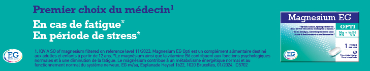 Banni&egrave;re Magnesium EG : fond turquoise avec texte &laquo; Premier choix du m&eacute;decin &ndash; En cas de fatigue &ndash; En p&eacute;riode de stress &raquo;. &Agrave; droite, bo&icirc;te Magnesium EG Opti. Mention en bas : le magn&eacute;sium et la vitamine B6 contribuent aux fonctions psychologiques normales, &agrave; la r&eacute;duction de la fatigue et au bon fonctionnement du syst&egrave;me nerveux. Logo EG en bas &agrave; gauche.