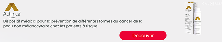 Bannière Actinica avec le logo de la marque. Le texte indique « Dispositif médical pour la prévention de différentes formes du cancer de la peau non mélanocytaire chez les patients à risque ». À droite, un flacon Actinica Lotion SPF 50+ UVA et son emballage sont présentés. Un badge affiche « Jusqu’à -30 % » et un bouton CTA indique « Découvrir ».