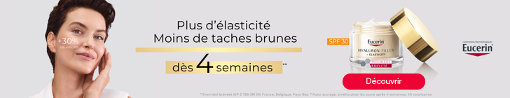 Femme souriante touchant sa joue avec le texte &laquo; +30% d&rsquo;&eacute;lasticit&eacute;* &raquo;. &Agrave; droite, pot de cr&egrave;me Eucerin &laquo; Hyaluron-Filler + Elasticity &raquo; avec couvercle dor&eacute; et mention &laquo; Thiamidol brevet&eacute; &raquo;. Le texte central indique  Plus d&rsquo;&eacute;lasticit&eacute; , Moins de taches brunes ,  d&egrave;s 4 semaines** . &Eacute;tiquette orange  SPF 30 et bouton rouge  D&eacute;couvrir . Logo Eucerin en haut &agrave; droite.