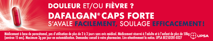 Banni&egrave;re rouge pour Dafalgan Caps Forte. &Agrave; gauche, une capsule rouge entour&eacute;e d&rsquo;un effet lumineux. Le texte principal indique &laquo; Douleur et/ou fi&egrave;vre ? Dafalgan Caps Forte s&rsquo;avale facilement, soulage efficacement ! &raquo;. En bas, mention l&eacute;gale sur le parac&eacute;tamol et les conditions d&rsquo;utilisation. Logo UPSA &agrave; droite.