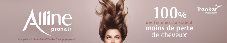 Bannière beige avec au centre une femme vue de face dont les longs cheveux sont dressés vers le haut. À gauche figure le logo « Alline prohair ». À droite apparaît le texte « 100% des femmes constatent moins de perte de cheveux* ». En bas, une mention indique « Complément alimentaire © Trenker