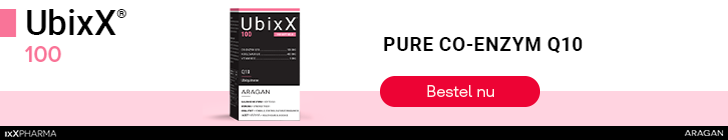 Advertentie voor UbixX 100 met een witte en roze achtergrond. Links bovenaan het logo van UbixX 100, in het midden een doos UbixX 100 met daarnaast de tekst: "Pure co-enzym Q10" en eronder een rode knop "bestel nu". Onderaan een zwarte balk met het logo van ixXPharma links en het logo van Aragan rechts.