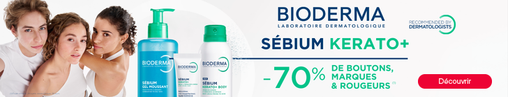 Trois jeunes personnes en d&eacute;bardeur blanc regardent la cam&eacute;ra sur fond clair. &Agrave; droite sont pr&eacute;sent&eacute;s trois produits de la marque Bioderma : un flacon pompe BIODERMA S&eacute;bium Gel moussant, un tube S&eacute;bium Kerato+ et un spray S&eacute;bium Kerato+ Body. Le visuel affiche BIODERMA Laboratoire Dermatologique, Recommended by dermatologists &raquo;, le titre &laquo; S&Eacute;BIUM KERATO+ et la promesse  -70% de boutons, marques &amp; rougeurs.
