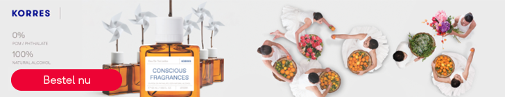 Banner van Korres met links het logo en de tekst &quot;0% PCM / Phthalates &ndash; 100% Natural Alcohol&quot;. In het midden zitten vrouwen in witte jurken in een kring met manden vol bloemen en fruit. Rechts staan amberkleurige flessen &quot;Conscious Fragrances&quot; met witte windmolentjes erboven. Onderaan links een rode knop &quot;Bestel nu&quot;.