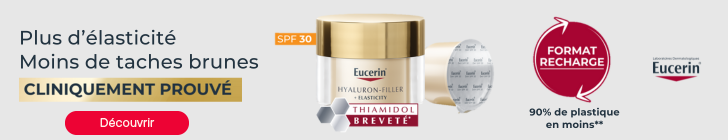 Pot de cr&egrave;me Eucerin Hyaluron-Filler avec &eacute;tiquette &laquo; Thiamidol brevet&eacute; &raquo; et mention SPF 30, accompagn&eacute; de sa recharge. Texte &agrave; gauche : &laquo; Plus d&rsquo;&eacute;lasticit&eacute;, moins de taches brunes &ndash; Cliniquement prouv&eacute; &raquo;. &Agrave; droite, un pictogramme circulaire rouge indique : &laquo; Format recharge &ndash; 90 % de plastique en moins &raquo;.