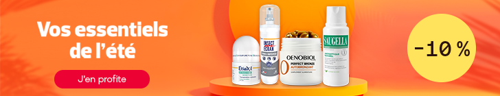 Bannière orange dégradée avec le titre « Vos essentiels de l’été ». Un bouton rose affiche « J’en profite ». Au centre, plusieurs produits sont présentés sur un podium : Etiaxil, Insect Écran, Oenobiol Perfect Bronze Autobronzant et Saugella. Un cercle jaune à droite indique « -10 % »