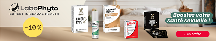 Banni&egrave;re LaboPhyto avec le slogan &laquo; Boostez votre sant&eacute; sexuelle ! &raquo;. Un cercle jaune affiche &laquo; -10 % &raquo; et un bouton rouge &laquo; J&rsquo;en profite &raquo;. Cinq produits sont align&eacute;s sur une table : &laquo; Libido Caps &raquo;, spray &laquo; Max Control &raquo;, &laquo; Arginine Tribulus &raquo;, &laquo; Supramen &raquo; et &laquo; Erection Booster Gel &raquo;. Fond de chambre beige.