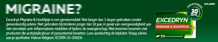 Advertentie voor Excedryn migraine & hoofdpijn met donkergroene achtergrond. Links de wazige titel: "Migraine?" met daaronder de wettelijke vermelding van een geneesmiddel. Rechts staat een doos Excedryn met het label: "Werkt na 30 minuten". Rechtsboven het logo van Haleon.