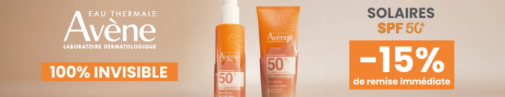 Flacon compte-gouttes de sérum Avène sur fond beige et rose avec logo en haut à gauche. Le texte affiche « ULTRA SÉRUM SPF 50 » et « DÉCOUVREZ UNE INNOVATION SOLAIRE ». Un encart orange indique « -15% de remise immédiate » et « SUR LES SOINS SOLAIRES VISAGE AVÈNE* ».*Hors sticks solaires