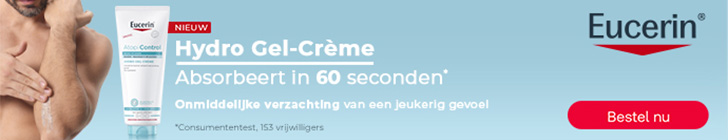 Banner met links een man die crème op zijn arm aanbrengt. In het midden staat een tube "Eucerin AtopiControl Hydro Gel-Crème" met label "NIEUW". Rechts staat het logo "Eucerin" en de tekst "Hydro Gel-Crème Absorbeert in 60 seconden*" en "Onmiddellijke verzachting van een jeukerig gevoel". Onderaan een rode knop "Bestel nu".