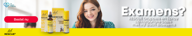 Banner met Rescue Bach bloesemproducten (druppels en spray) in gele verpakking. Rechts een lachende vrouw. Tekst: “Examens? Rescue Druppels en Spray op natuurlijke basis met vijf Bach Bloesems.” Onderaan een gele balk met Rescue-logo en een rode knop “Bestel nu”.