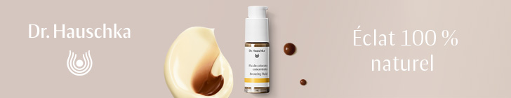 Bannière beige avec à gauche un gros plan du visage d’une femme à la peau lumineuse. Au centre figurent « Dr. Hauschka » avec un pictogramme et le texte « Éclat 100 % naturel ». À droite apparaît un flacon « Bronzing Fluid » à côté d’une texture de crème teintée.