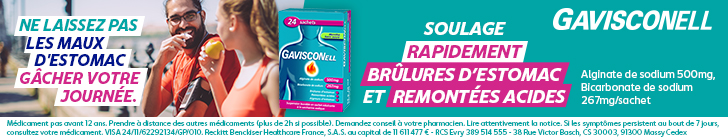Bandeau Gavisconell montrant un couple souriant en promenade au bord de l’eau. Le texte indique « Ne laissez pas les maux d’estomac gâcher votre journée ». À droite, l’emballage du produit avec les mentions « Gavisconell », « Soulage rapidement brûlures d’estomac et remontées acides », « Alginate de sodium 500 mg, bicarbonate de sodium 267 mg/sachet ».