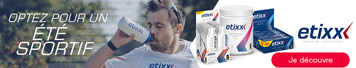 Banni&egrave;re Etixx avec un homme sportif buvant dans un shaker. Texte : &laquo; Optez pour un &eacute;t&eacute; sportif &raquo;. Logo &laquo; etixx sports nutrition &raquo; en haut &agrave; droite. Produits pr&eacute;sent&eacute;s : gels &eacute;nerg&eacute;tiques, boisson isotonique et barres prot&eacute;in&eacute;es. Bouton rouge &laquo; Je d&eacute;couvre &raquo; en bas &agrave; gauche.