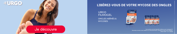 &Agrave; gauche figure le logo &laquo; URGO &raquo;. Une femme souriante en haut bleu avance son pied vers l&rsquo;avant. En bas &agrave; gauche, un bouton rouge affiche &laquo; Je d&eacute;couvre &raquo;. &Agrave; droite sur fond bleu, le titre &laquo; LIB&Eacute;REZ-VOUS DE VOTRE MYCOSE DES ONGLES &raquo;. En dessous &laquo; URGO FILMOGEL &raquo; et &laquo; ONGLES AB&Icirc;M&Eacute;S &amp; MYCOSES &raquo;. Des images de plusieurs emballages URGO sont visibles &agrave; droite.