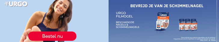 Links staat het logo "URGO". Een lachende vrouw in blauwe top houdt haar voet naar voren. Onderaan links staat een rode knop met tekst "Bestel nu". Rechts op een blauwe achtergrond staat de kop "BEVRIJD JE VAN JE SCHIMMELNAGEL". Daaronder "URGO FILMOGEL" en "BESCHADIGDE NAGELS & SCHIMMELNAGELS". Afbeeldingen van meerdere URGO-productverpakkingen staan rechts.